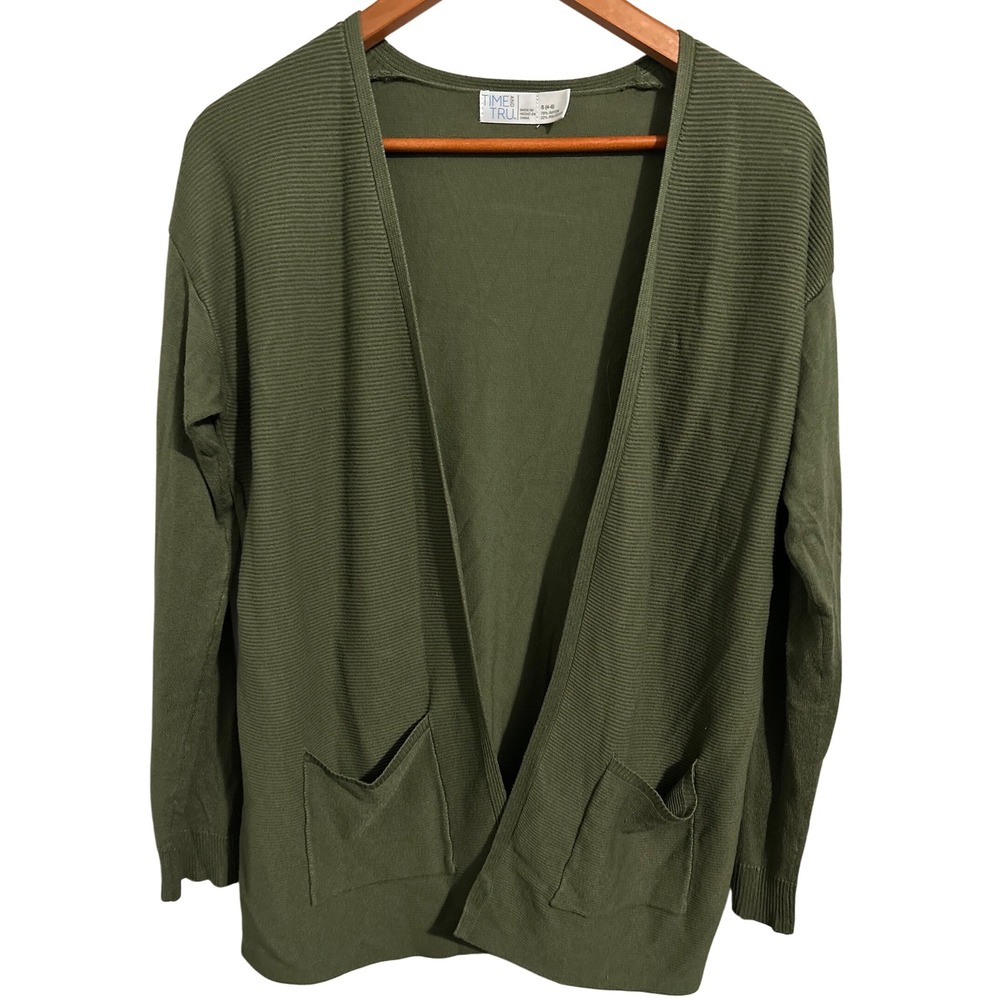 Time and‎ Tru Olive Branch Green Open Front Cardigan Women's Size Small 4-6
